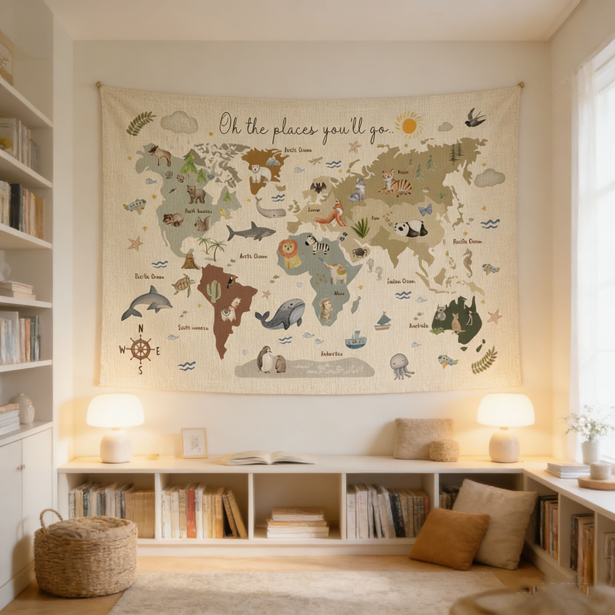Kids Education Banner - Schattig dierenwereldkaart-wandtapijt, 2D kleurrijke wandbanner, educatief